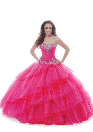 Mariage - Sleeveless Strapless Lace Up Crystals Tulle Tiers Fuchsia Floor Length