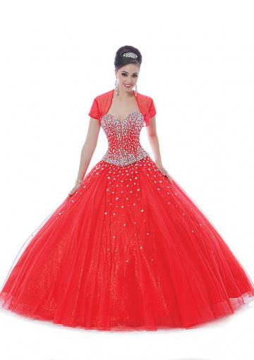 Hochzeit - Red Jacket Lace Up Organza Crystals Sweetheart Floor Length