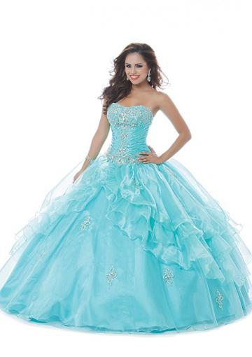 Mariage - White Appliques Satin Lace Up Strapless Blue Floor Length