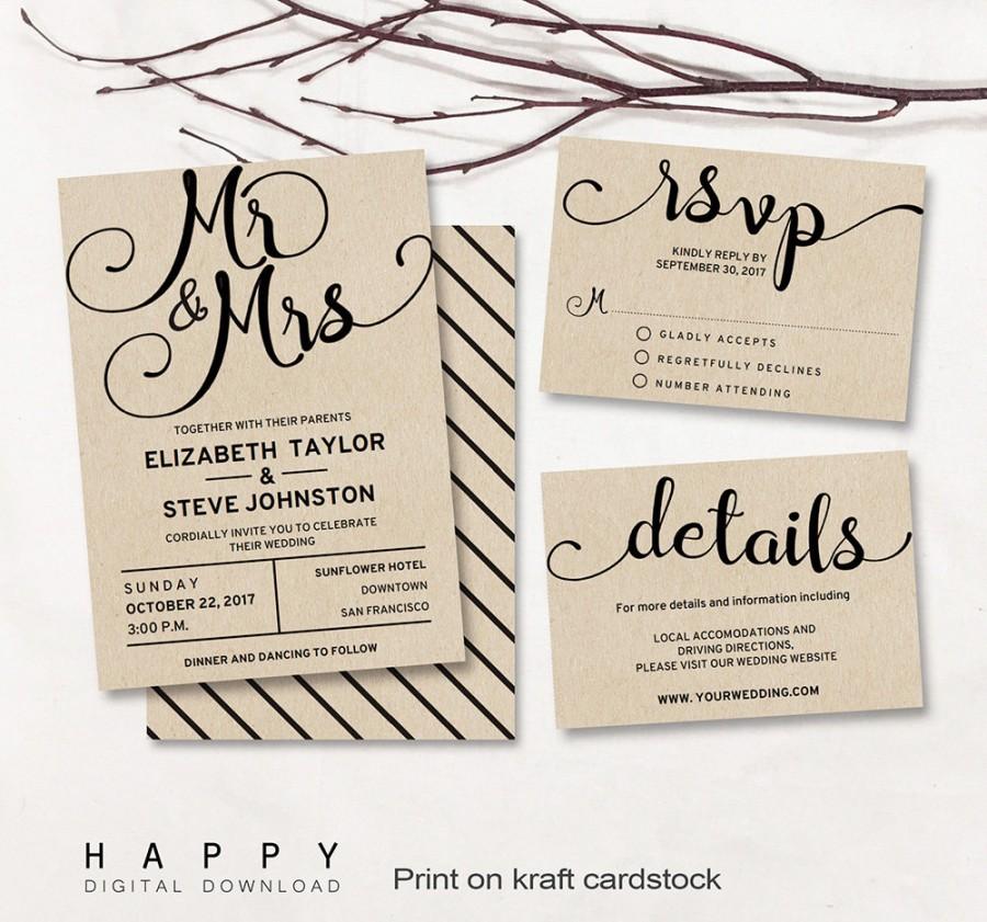 Mariage - Printable Wedding Invitation Set, Editable Modern Wedding Invitation Templates PDF files - Mr & Mrs