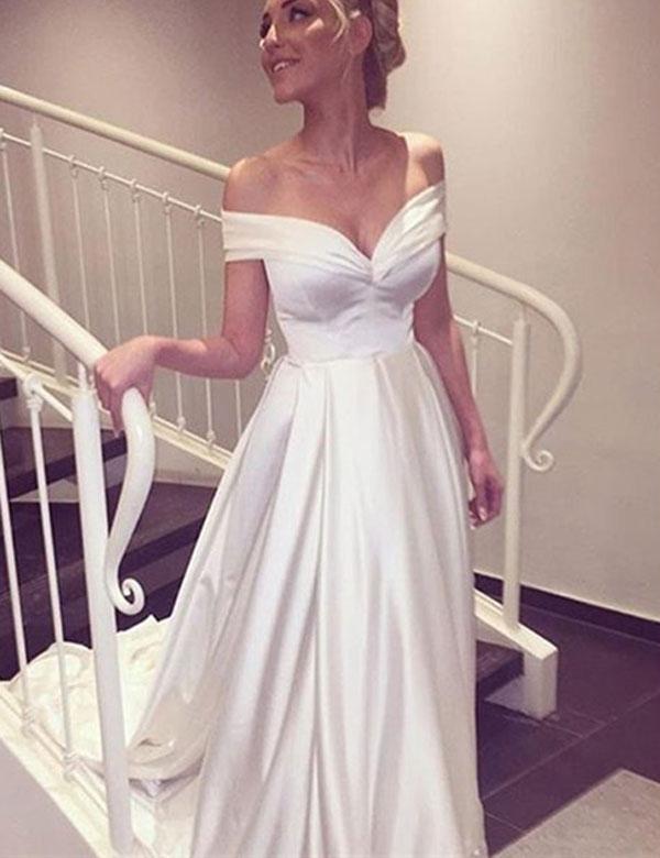 زفاف - Elegant V-neck Cap Sleeves A-line Satin Wedding Dress Bride Gown