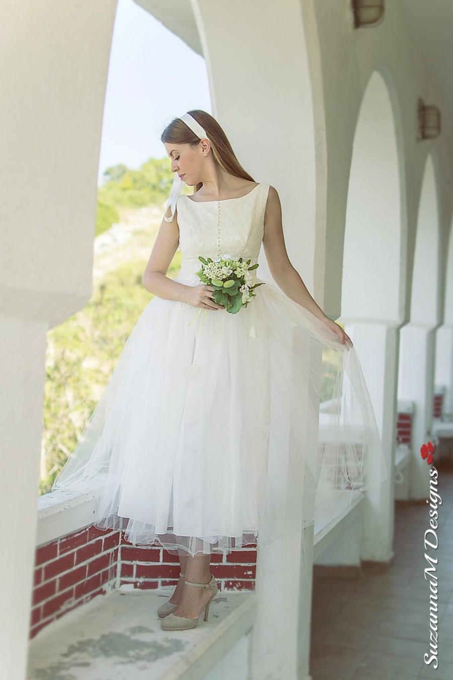 زفاف - 50s Wedding Dress, Tea Length Bridal Gown,Ivory Wedding Dress,50s Wedding Gown,Lace Wedding Dress,Tea Length Wedding Dress,Tulle Short Dress