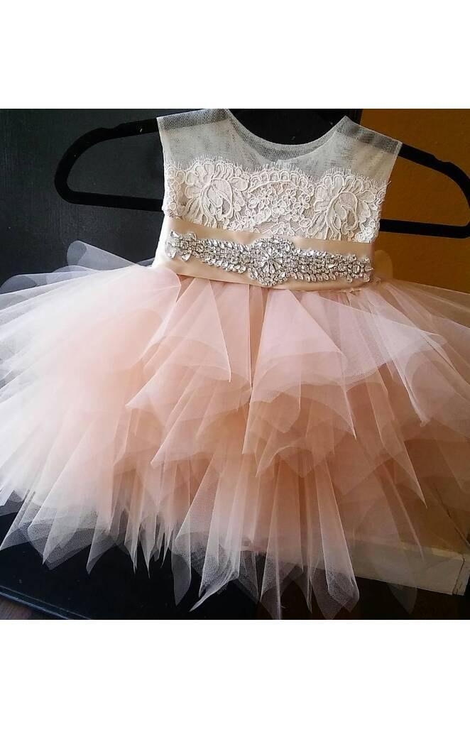 Hochzeit - Blush 'Tiffany' flower girl dress/ tutu, rhinestone belt, lace, satin sash,pouffy tulle skirt, birthday dress, fairy dress, pageant dress