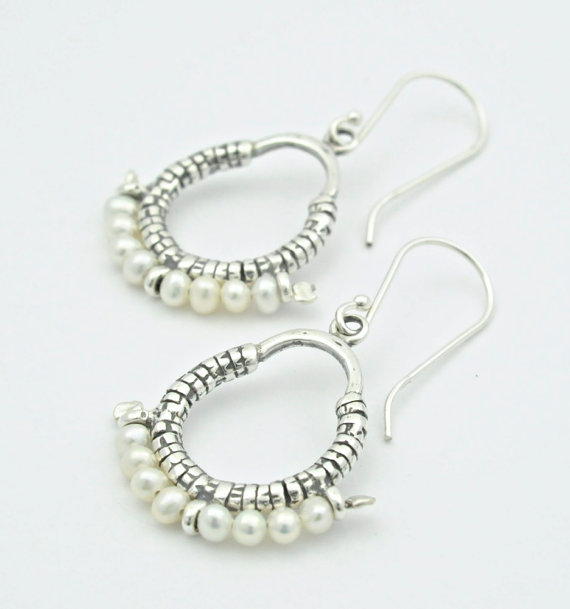 Wedding - Oxidized Sterling Silver pearl Chandelier Earrings, Bohemian Jewellery, Dangle Earrings, pearl earrings, boho jewellery, gemstone earrings,