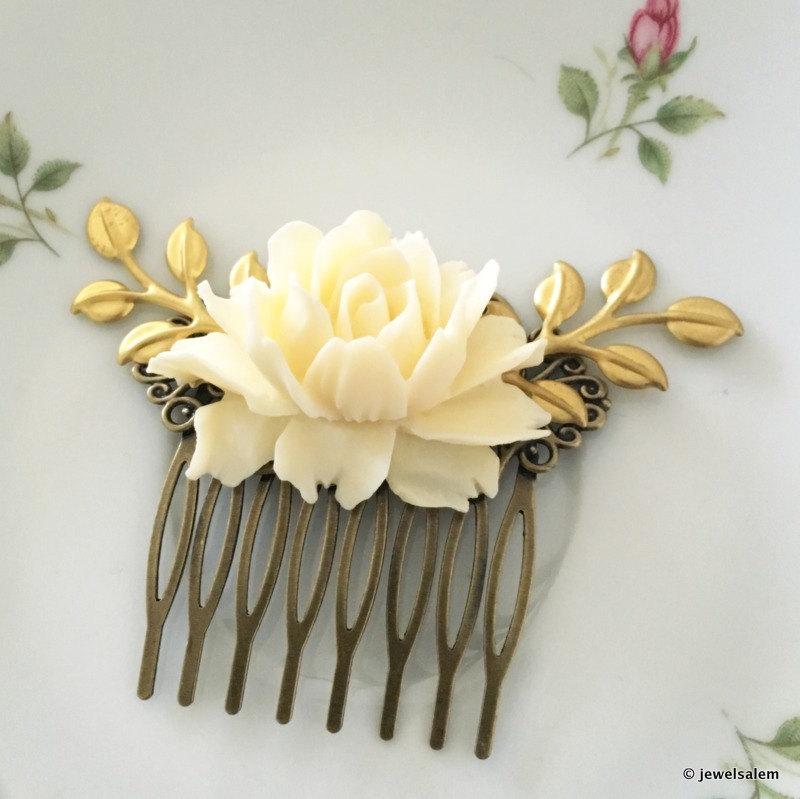 زفاف - Ivory Bridal Comb Cream Flower Hair Slide with Gold Leaves Wedding Hair Comb for Bride Bridesmaids Hair Pin Gift