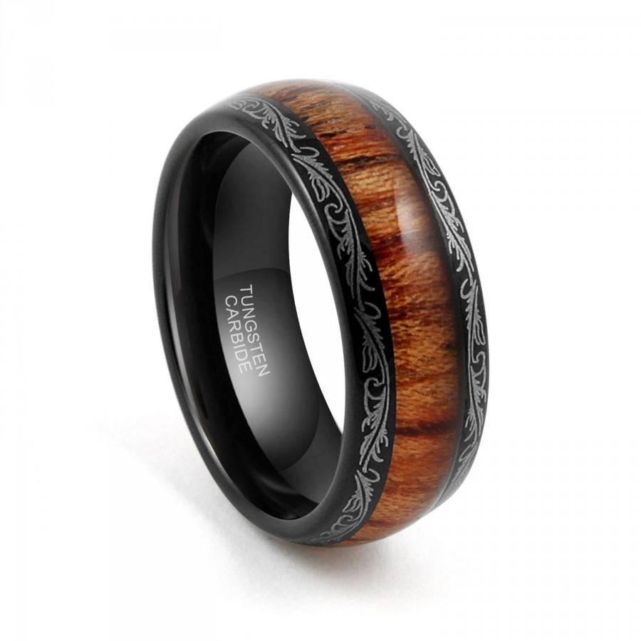 Hochzeit - Tungsten Wedding Band,Tungsten Carbide,Tungsten Ring, 8mm Black Mens Tungsten Carbide Ring Wedding Band Wood Inlay Black Dome Edge