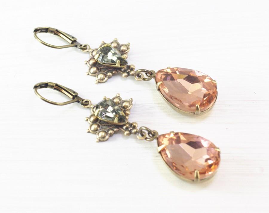 Hochzeit - Crystal bridal earrings vintage style brass pink peach grey wedding jewel elegant rhinestone pear drops bridal jewelry