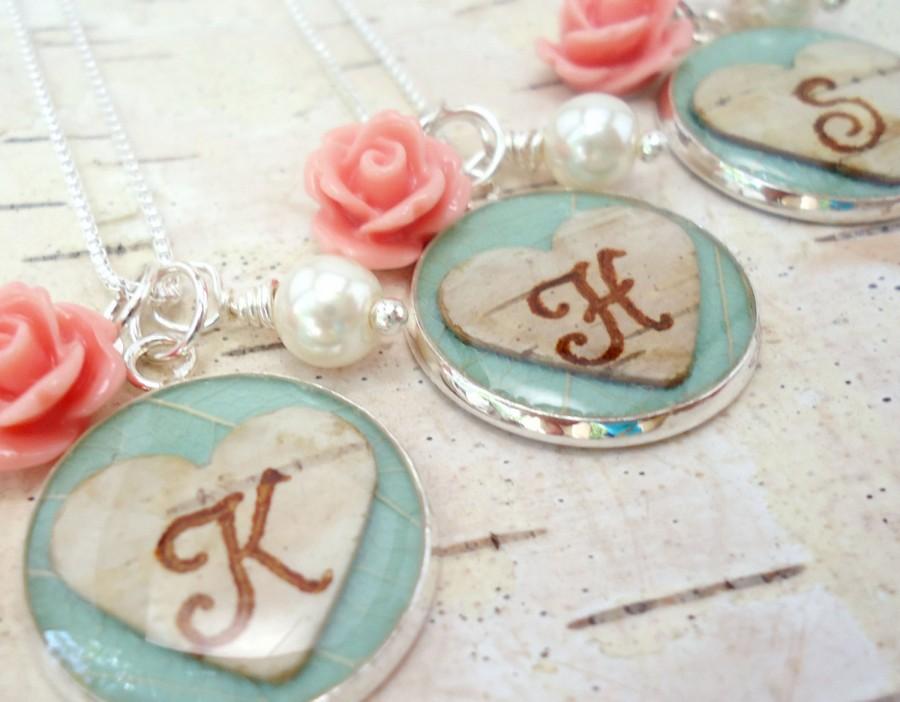 Hochzeit - Personalized Bridesmaids Necklace, Mint/ Aqua Bridesmaids Jewelry, Birch Bark Heart Monogram Initial Necklace, Mint Aqua & Pink Coral/ Ivory