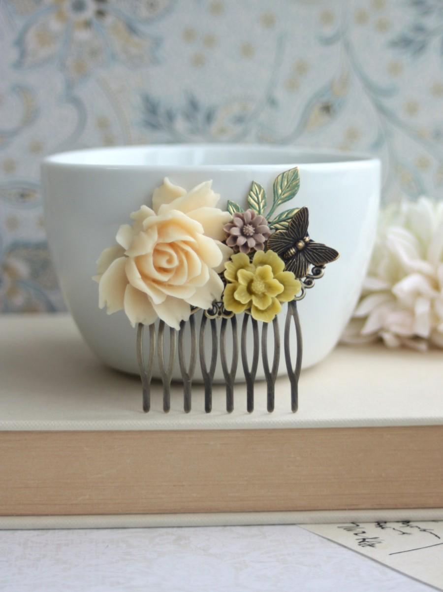 Mariage - An Ivory Rose, Mustard, Butterfly, Patina Green Leaf Flower Collage Hair Comb. Gift For Wife. Bridal Wedding, Bridesmaids Hair Comb