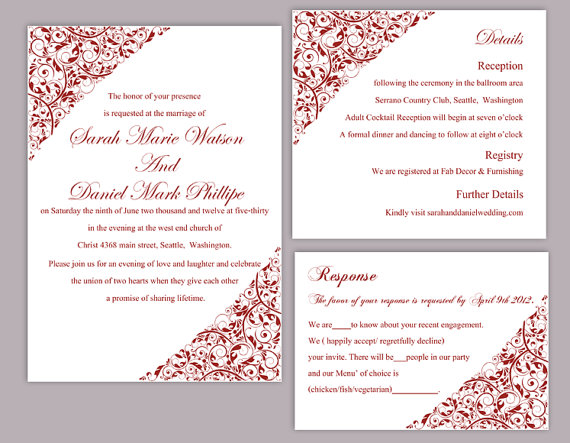 Свадьба - DIY Wedding Invitation Template Set Editable Word File Instant Download Printable Invitation Wine Red Wedding Invitation Floral Invitation