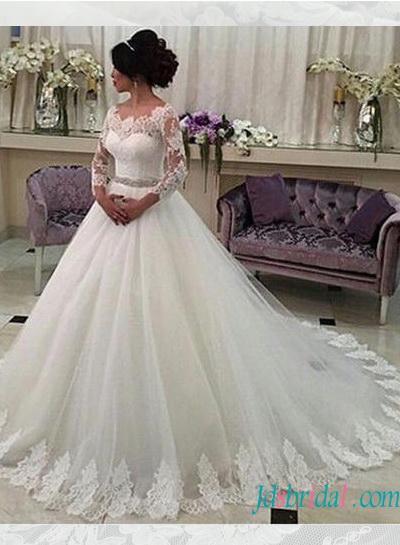 زفاف - H1578 Classy long sleeved tulle ball gown wedding dress with belt