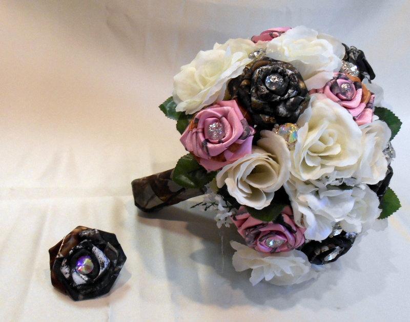 Wedding - Camo Wedding Bouquet, Bridal Bouquet, Mossy Oak Camo, True Timber Pink, White Silk Flowers, Keepsake Bouquet, Camo Wedding