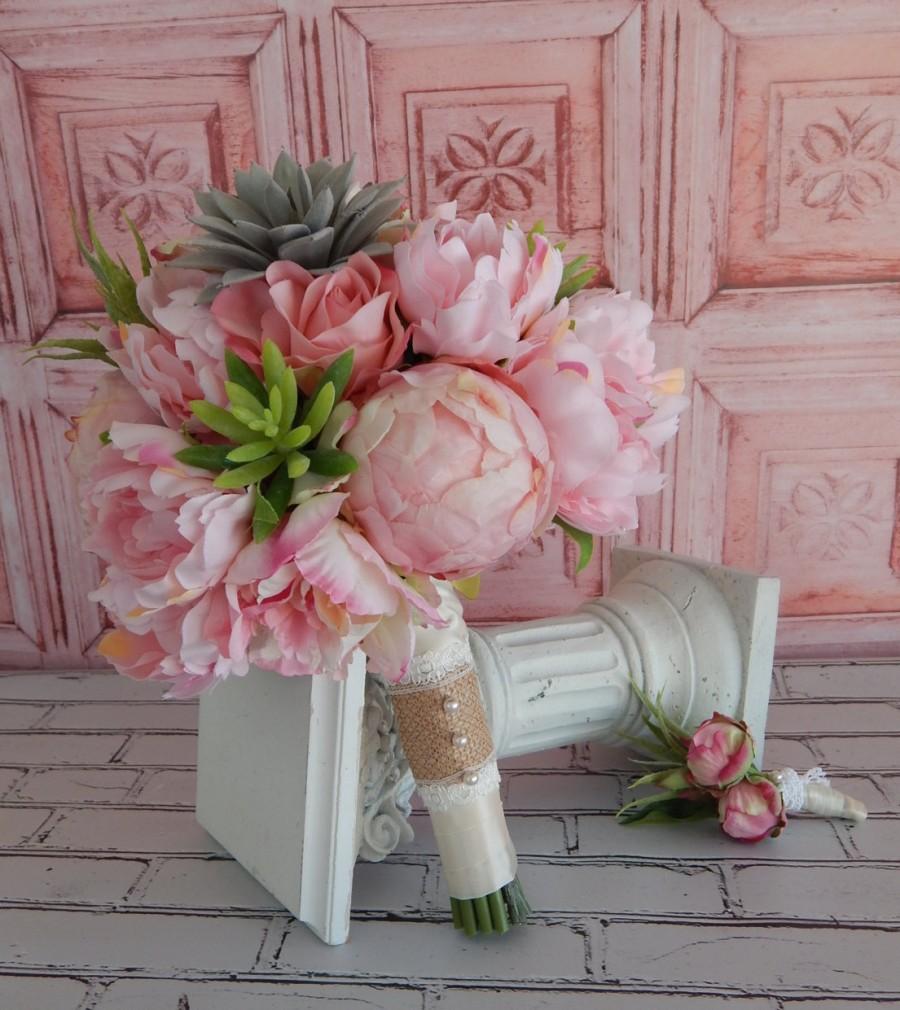 Wedding - Blush Pink Peony Wedding Bouquet - Pink Peony Bridal Bouquet- Succulent Bouquet- Boutonniere- Ready To Ship