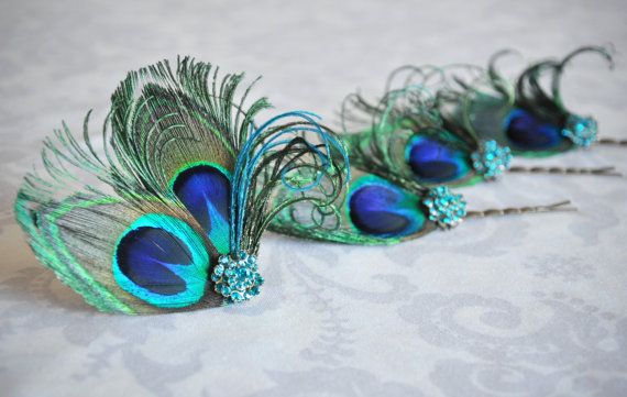 Свадьба - Peacock Feather Hair Accessories, Turquoise Bridal Hair Clip, Bridesmaid Gift Set, Bridesmaid Hair, Something Blue - 106HP Set