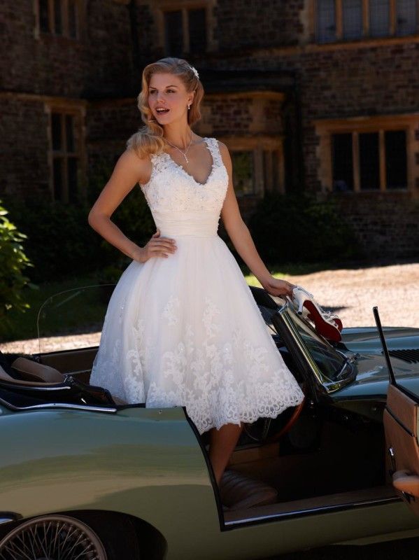 Hochzeit - V-Neck Beaded Lace A-Line Tea Length Short Wedding Dress