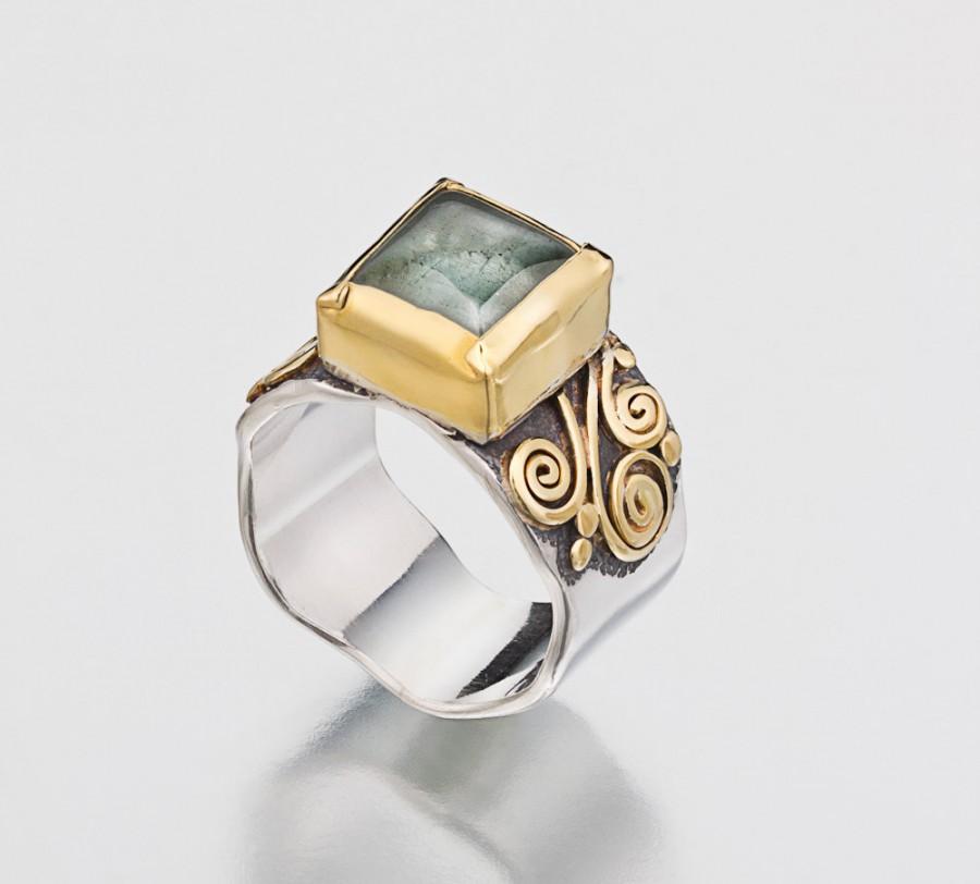 زفاف - Aquamarine ring, March Birthstone, Gemstone Ring, Gold Ring, Gemstone ring, 22k gold and silver ring, Aquamarine jewelry, Size 6.5