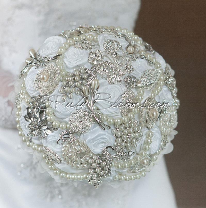 Hochzeit - Silver Pearl White Wedding Brooch Bouquet. "Pearls Beads" Crystal Heirloom Bridal Broach Bouquet, by Ruby Blooms Wedding