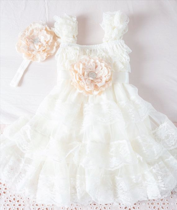 Wedding - Ivory Flower Girl Dress -Lace Pettidress -Vintage Flower Girl- Shabby Chic Flower Girl Dress -Girls Dresses - Rustic Flower Girl Dress