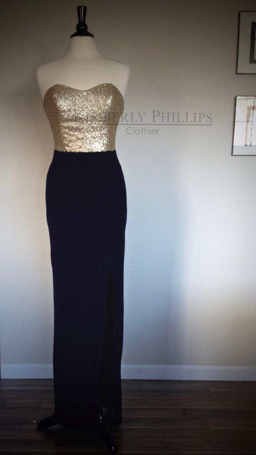 Wedding - Long Sequin Bridesmaid Dress with Matte Gold Sequined Bodice, Navy Skirt and Slit, Assorted Colors- Navy and Gold Bridesmaid Dress