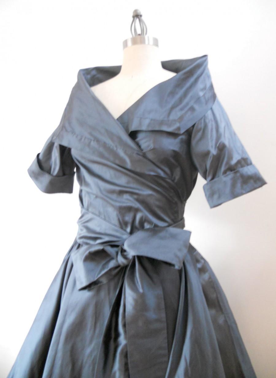 زفاف - Custom Made  MARIA SEVERYNA Slate Blue Wrap Full Skirt Dress in Silk 1950s style Mother of the Bride Dress - available in many colors