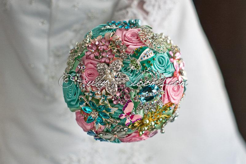 Hochzeit - Teal, Mint, Pink Wedding Brooch Bouquet. "Aqua Pink" Jewelry rhinestone bouquet. Green Magenta Pink Wedding broach bouquet, by Ruby Blooms