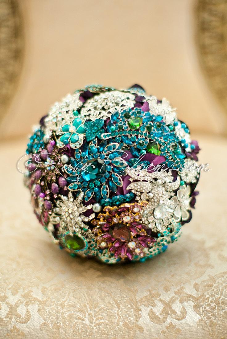 Mariage - Silver Blue Purple Wedding Brooch Bouquet. "Believe in Miracle" Purple Turquoise Blue Wedding, Crystal Bridal Broach Bouquet, Ruby Blooms