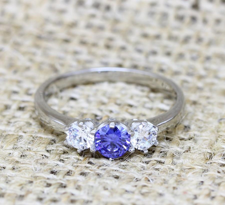 Wedding - Genuine Tanzanite and White Sapphire Vintage style 3 stone trilogy ring - engagement ring - wedding ring