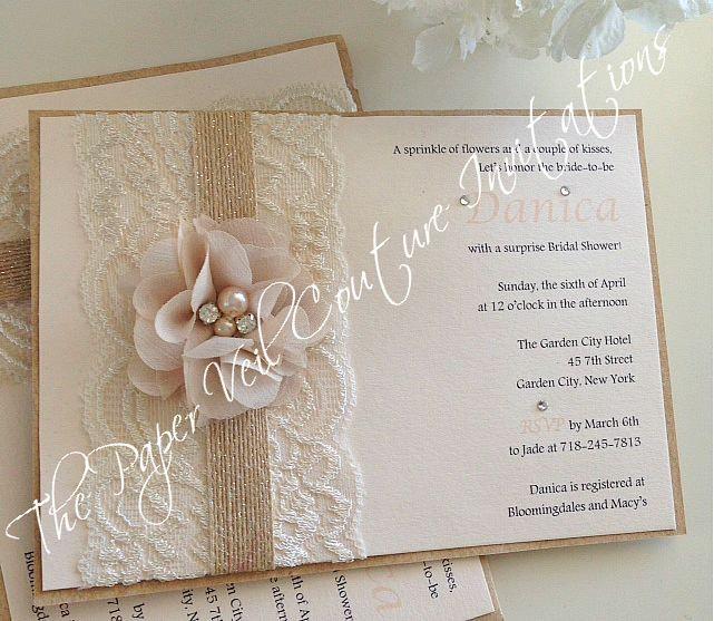 زفاف - Danica - Vintage Lace, Burlap & Kraft - Rustic Garden Blush Pink Bridal Shower, Baby Shower or Wedding  Invitation - Burlap and Lace