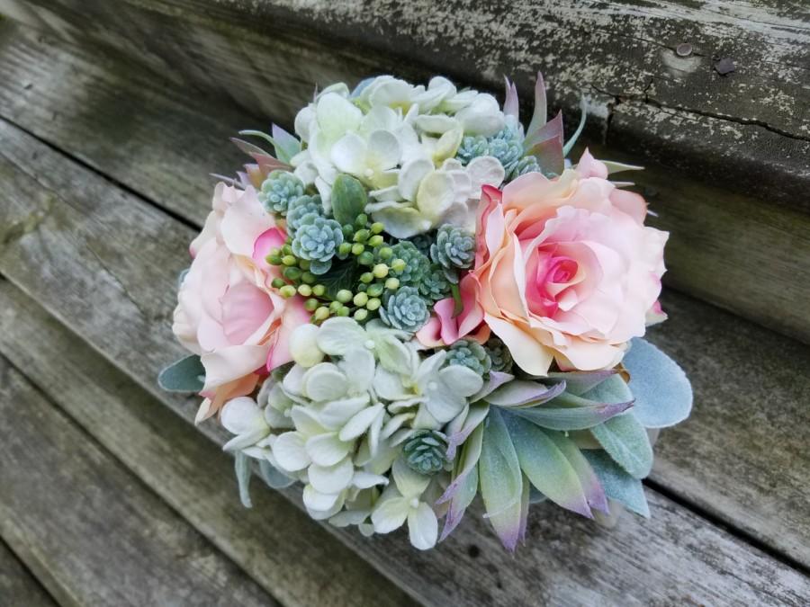 Hochzeit - Rustic Country Wedding Succulent Hydrangeas Blush Pink with Lace Bridesmaid Flower Bouquet