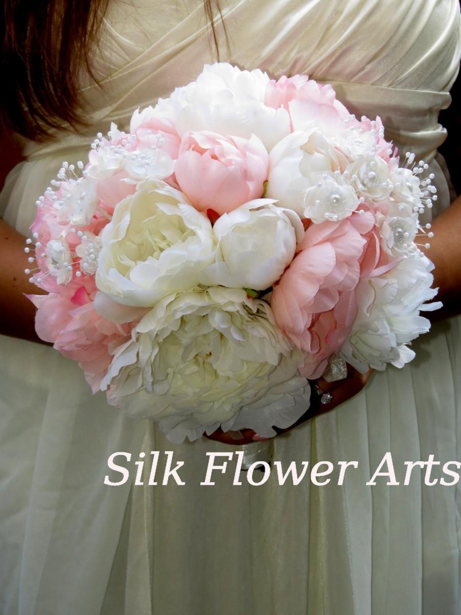 Mariage - Very Cute  Wedding Bridal Bouquet Silk Flowers Peony Pink and Ivory Peony