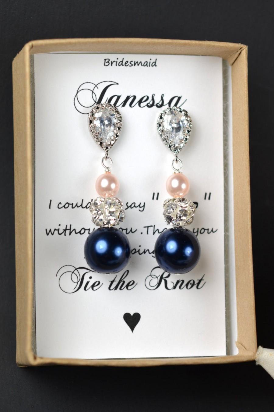Свадьба - navy blue pink-Wedding Jewelry Bridesmaid Gift Bridesmaid Jewelry Bridal Jewelry blue blush pink Pearl Drop Earrings Cubic Zirconia Earrings