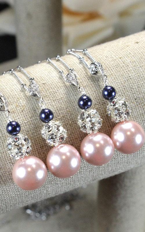 Mariage - navy blue pink-Wedding Jewelry Bridesmaid Gift Bridesmaid Jewelry Bridal Jewelry blue blush pink Pearl Drop Earrings Cubic Zirconia necklace