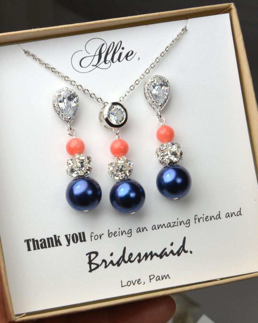 Wedding - navy blue coral -Wedding Jewelry Bridesmaid Gift Bridesmaid Jewelry Bridal Jewelry  blue pink  Pearl Drop Earrings Cubic Zirconia Earrings