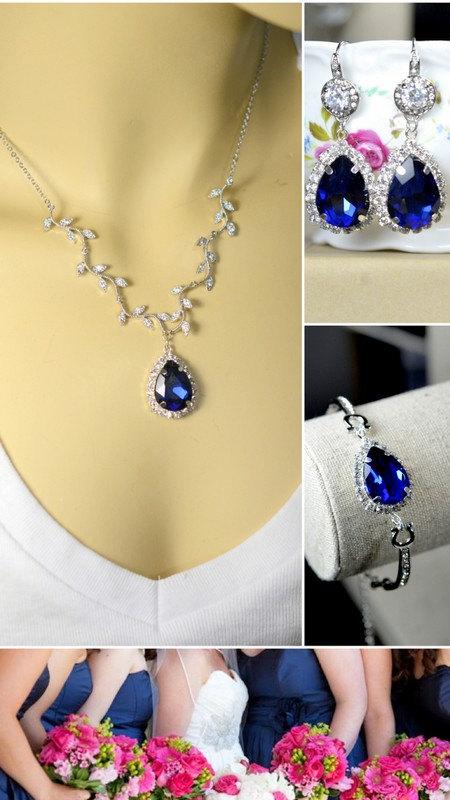 Hochzeit - Navy blue,sapphire blue Wedding Jewelry Bridesmaid Gift Bridesmaid Jewelry Bridal Jewelry tear Earrings, necklace ,bracelet,bridesmaid gift