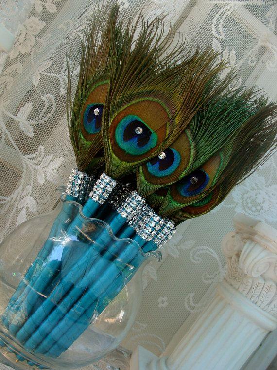 Wedding - 1 PEACOCK Feather Pen With BLING In Your Choice Of Colors