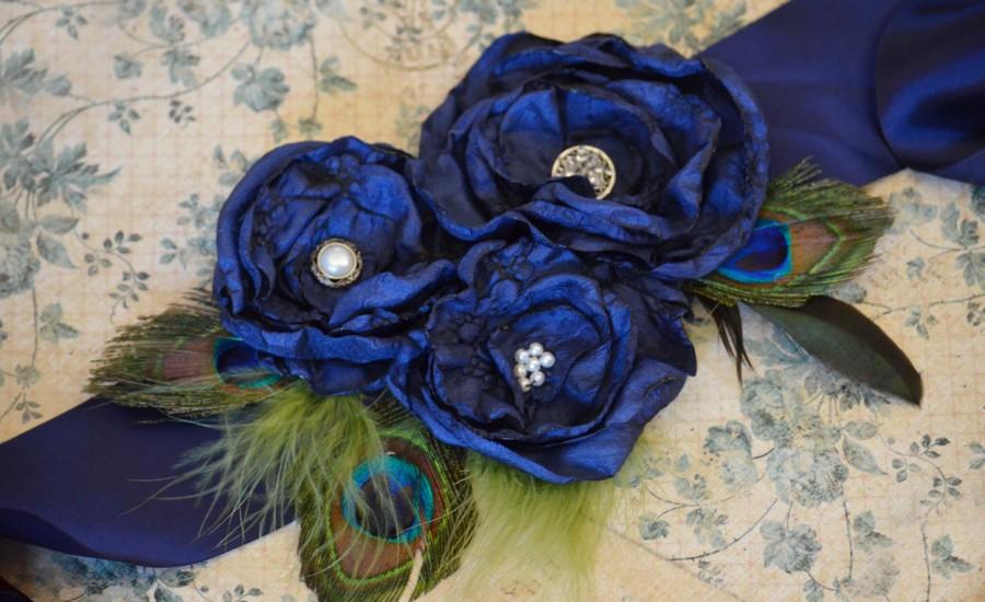 زفاف - Navy Blue Peacock Wedding Bridal Sash Belt- Wedding Dress Belt in Navy Blue, Bridesmaids Sash, Navy Blue Wedding Sash