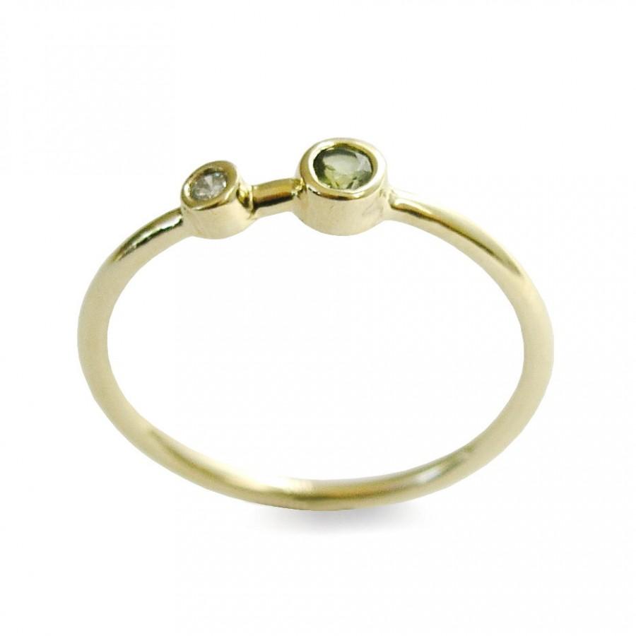 Wedding - Minimalist Peridot and diamond ring, Tiny Engagement Ring, Thin stacking Band, 14k gold Classic round gemstone ring, August Birthstone,Sale