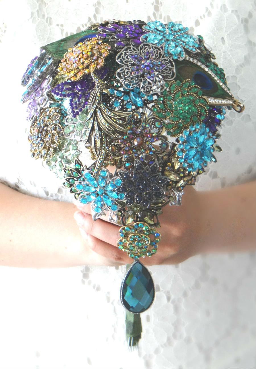 Wedding - Cascading Peacock Brooch Bouquet with real Peacock Feathers - Blue, Green, Gold, Silver, Purple