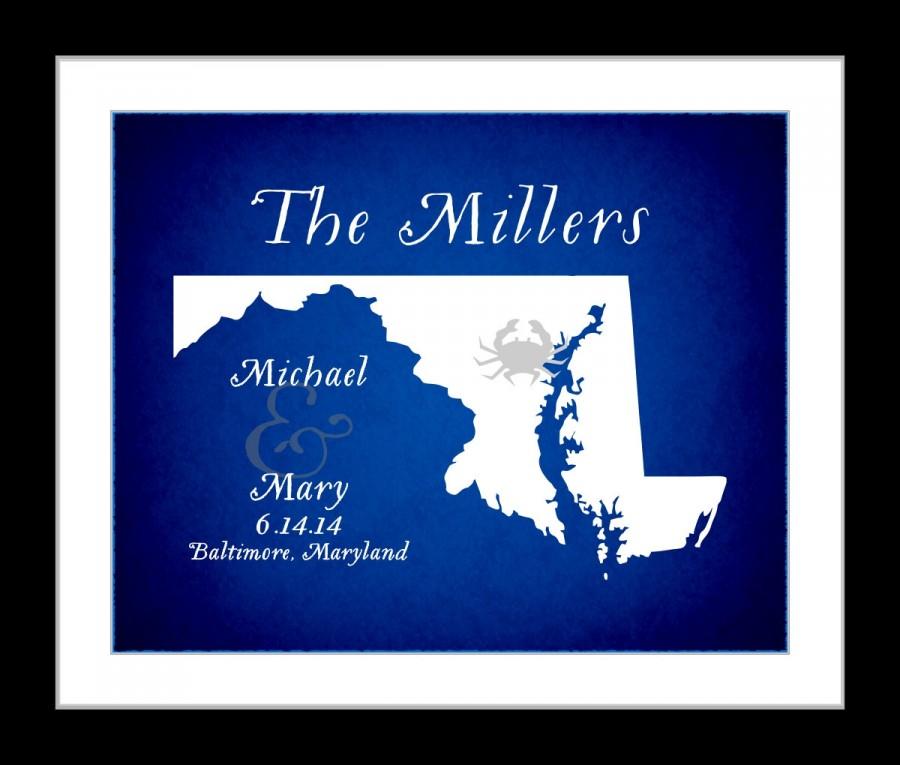 Mariage - Maryland Wedding Gift Map Print: Choose State Location Home Town Anniversary Family Reunion Baltimore md Custom Art Fiance Gift Wife