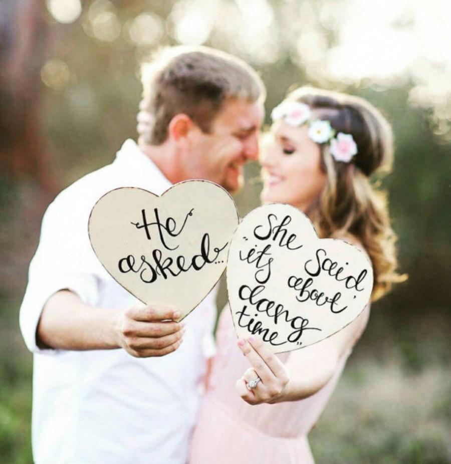 زفاف - Engagement photo props-he asked, she said-or custom wording wooden hearts-hand lettered