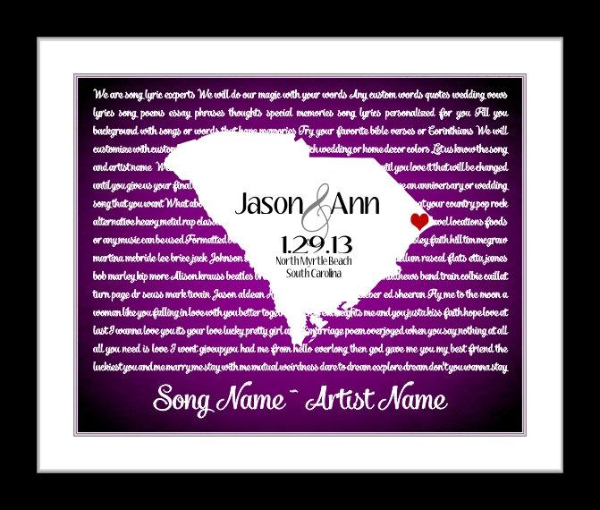 Mariage - Wedding Song Lyric Art Personalized Wedding Gift: Any State Country Custom Map Print Office Art Engagement Present Gift for Newlyweds 8x10