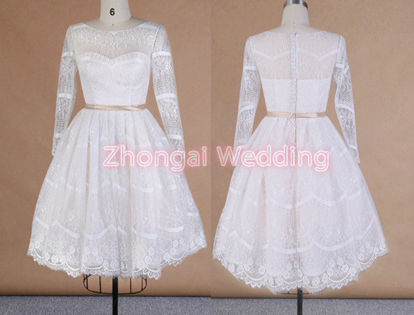 Mariage - Whole lace bridesmaid dress, Ivory dress, long sleeves, Bateau sheer neckline, short skirt, high quality and finest design
