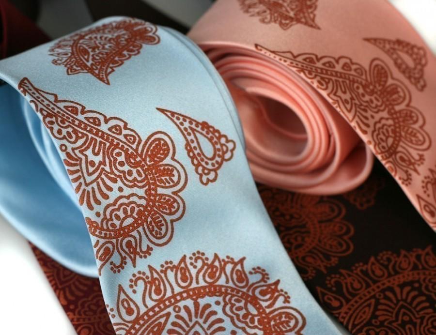Wedding - Mehndi Paisley necktie. Traditional Persian print men's tie with copper ink. Choose standard or narrow.