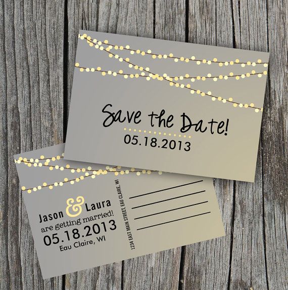 Wedding - Save The Date Postcard - String Of Lights Rustic Wedding