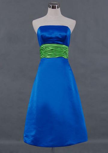 Wedding - Sleeveless Blue Sash Strapless Zipper Ruched Short Length