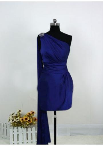 زفاف - Blue Zipper Sleeveless Ruched One Shoulder Short Length