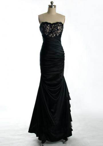 Mariage - Sleeveless Floor Length Black Satin Strapless Ruched