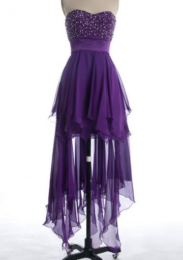 Hochzeit - Sleeveless High Low Sweetheart Purple Beading Ruched