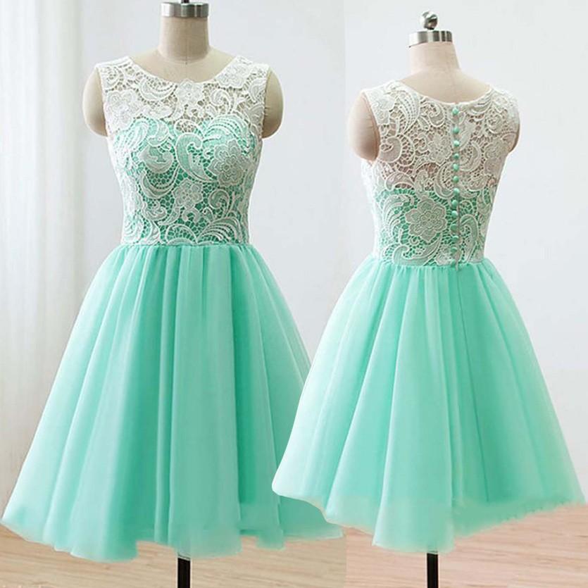 Hochzeit - Modern Scoop A-line Short Mint Bridesmaid Dress With Lace