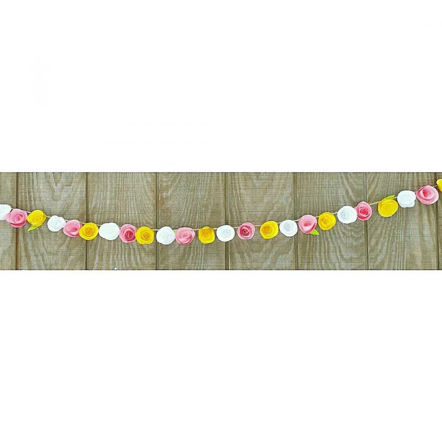 Wedding - Spring paper flower garland. wedding or baby shower gift decor. Pink, yellow , and white. Nontraditional paper roses. Custom made any color!
